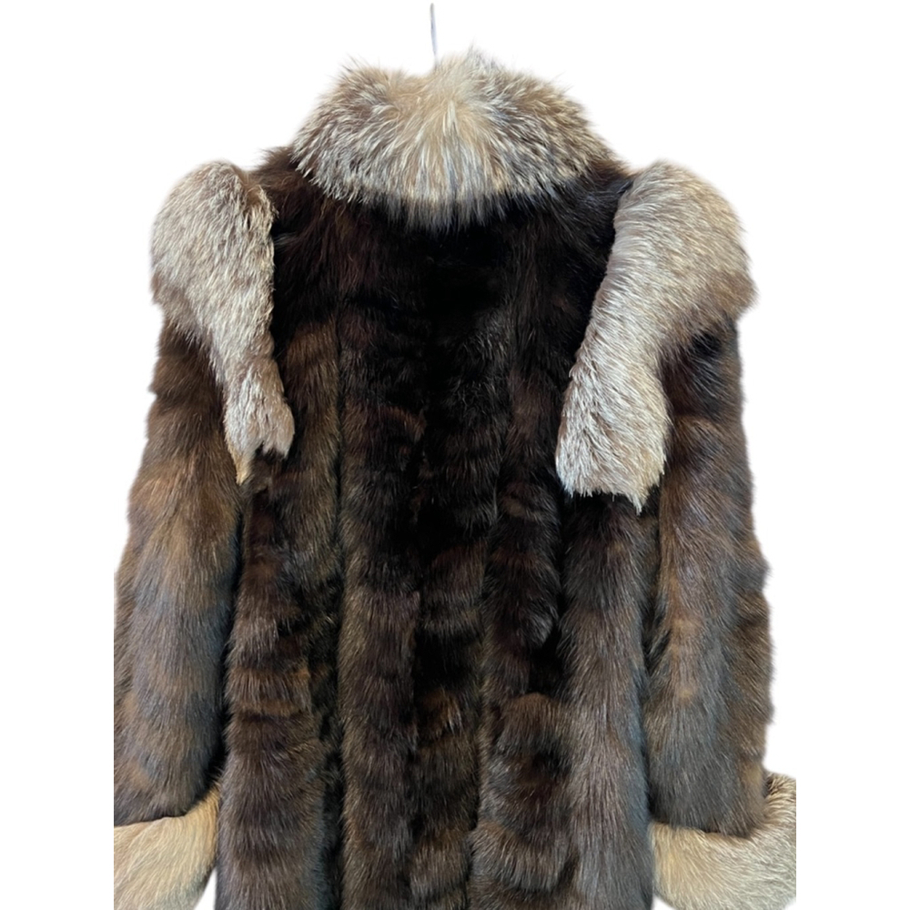 VINTAGE Mink Fur Brown Grey Trim Mid Length Heavy Coat Jacket L - Picture 6 of 10